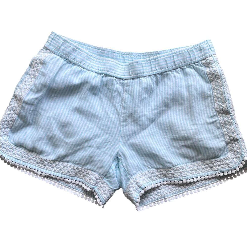 Vineyard Vines Linen Striped Pull On Shorts Blue White Embroidered Lace XS Flaw